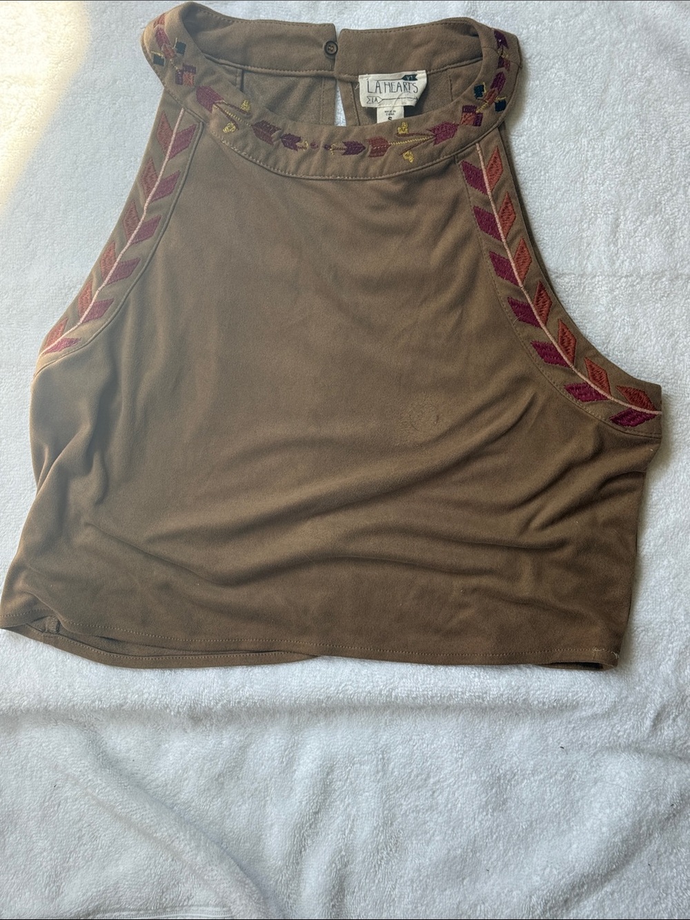 La Hearts Brown Tribal Halter Crop Top with Embroidered Accent